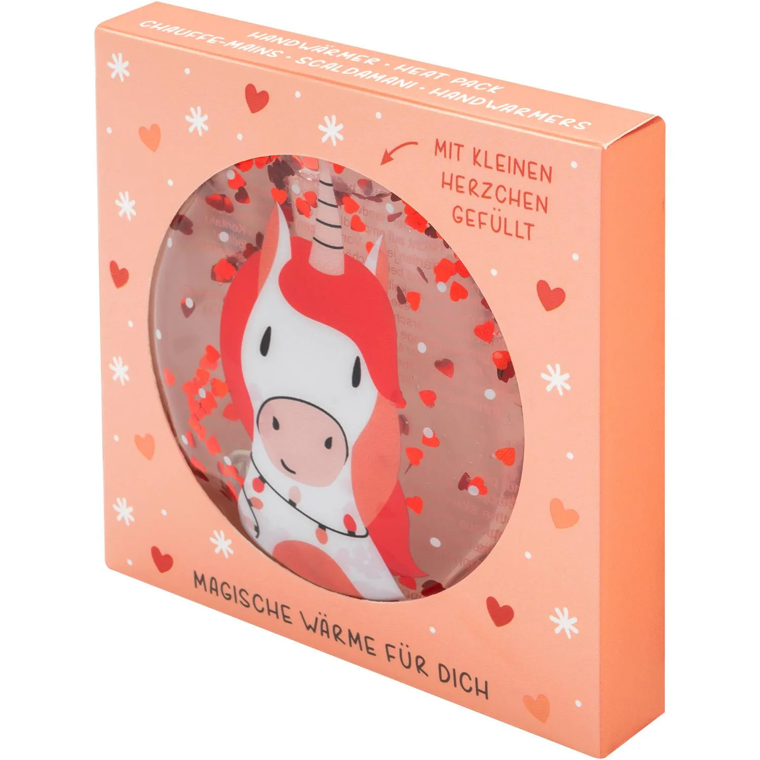 Handwärmer-Einhorn in Geschenkbox mit Fenster, pastel-pfirsichfarbene Verpackung.