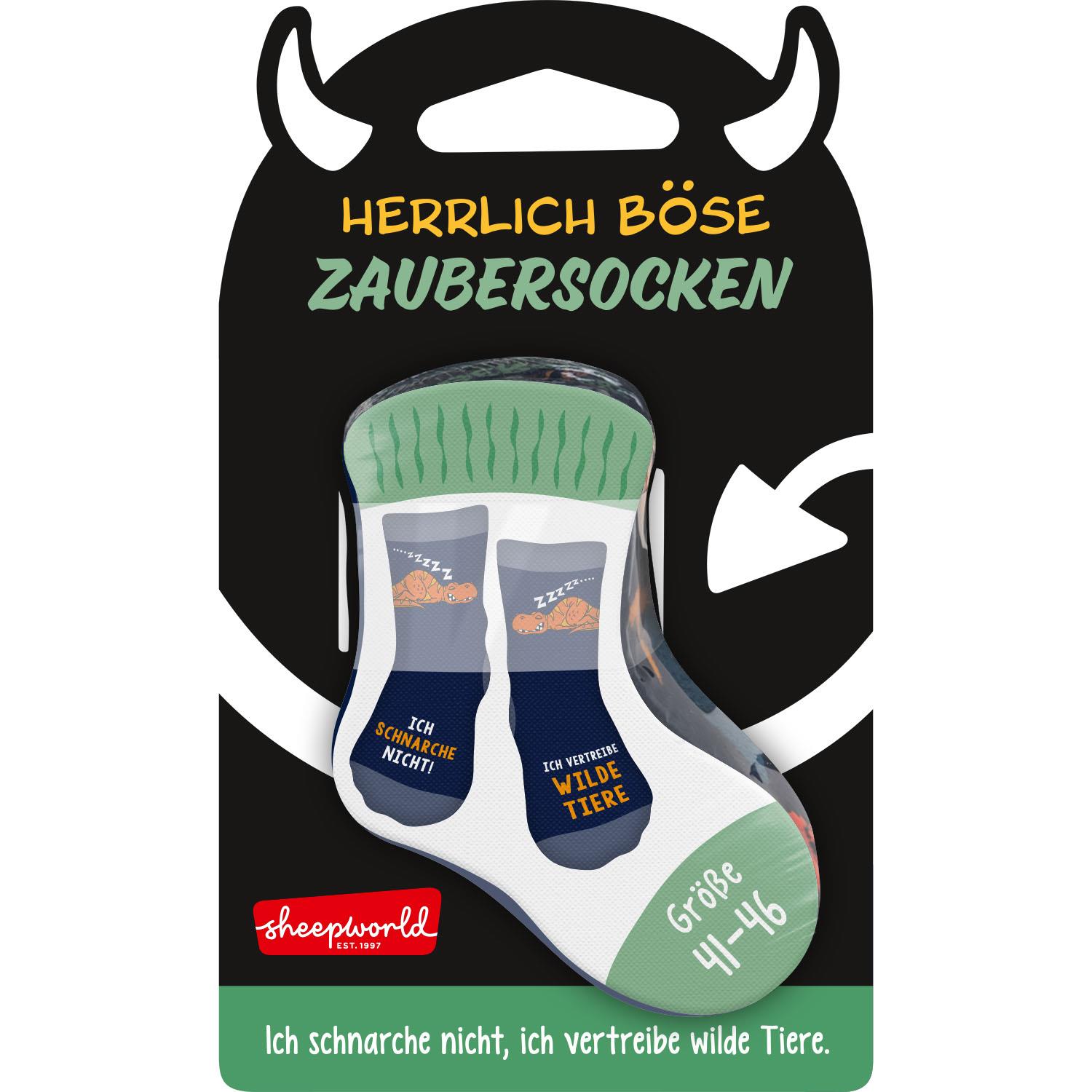 Zaubersocken mit wilden Tieren – humorvolles Geschenk, auf Verpackung mit Sheepworld-Logo.
