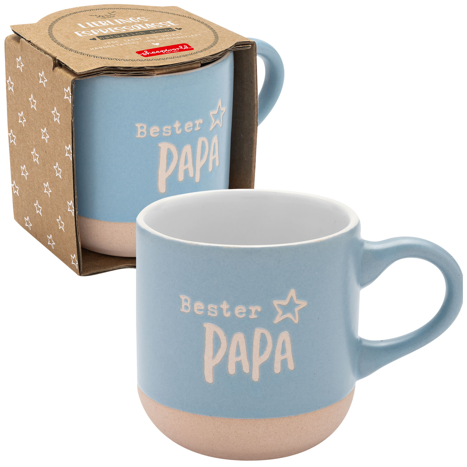 Pastellblaue Keramik-Tasse mit weißer Innenseite und 'Best Papa' Schriftzug