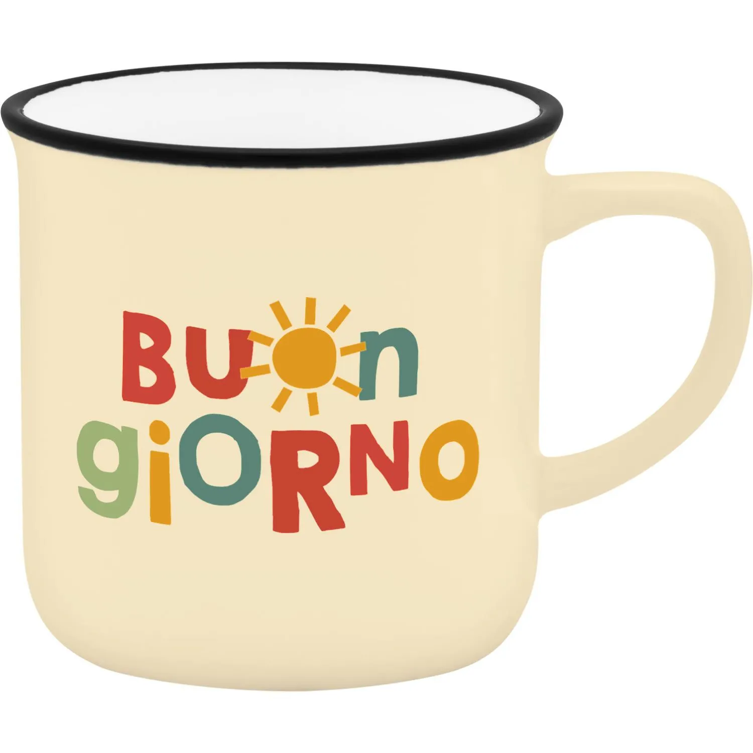 Beiger Espressobecher Buon Giorno mit buntem Schriftzug und Sonnensymbol