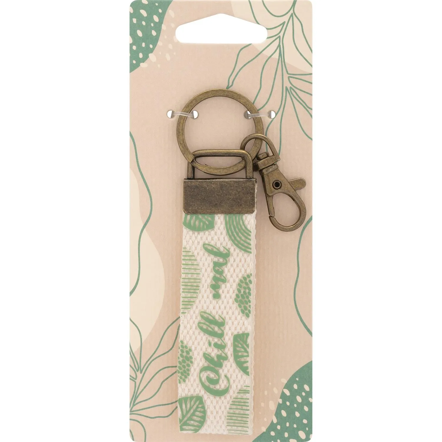 Canvas-Schlüsselanhänger mit grünem Naturprint und antik-bronzem Metall-Halter, 16,5 cm