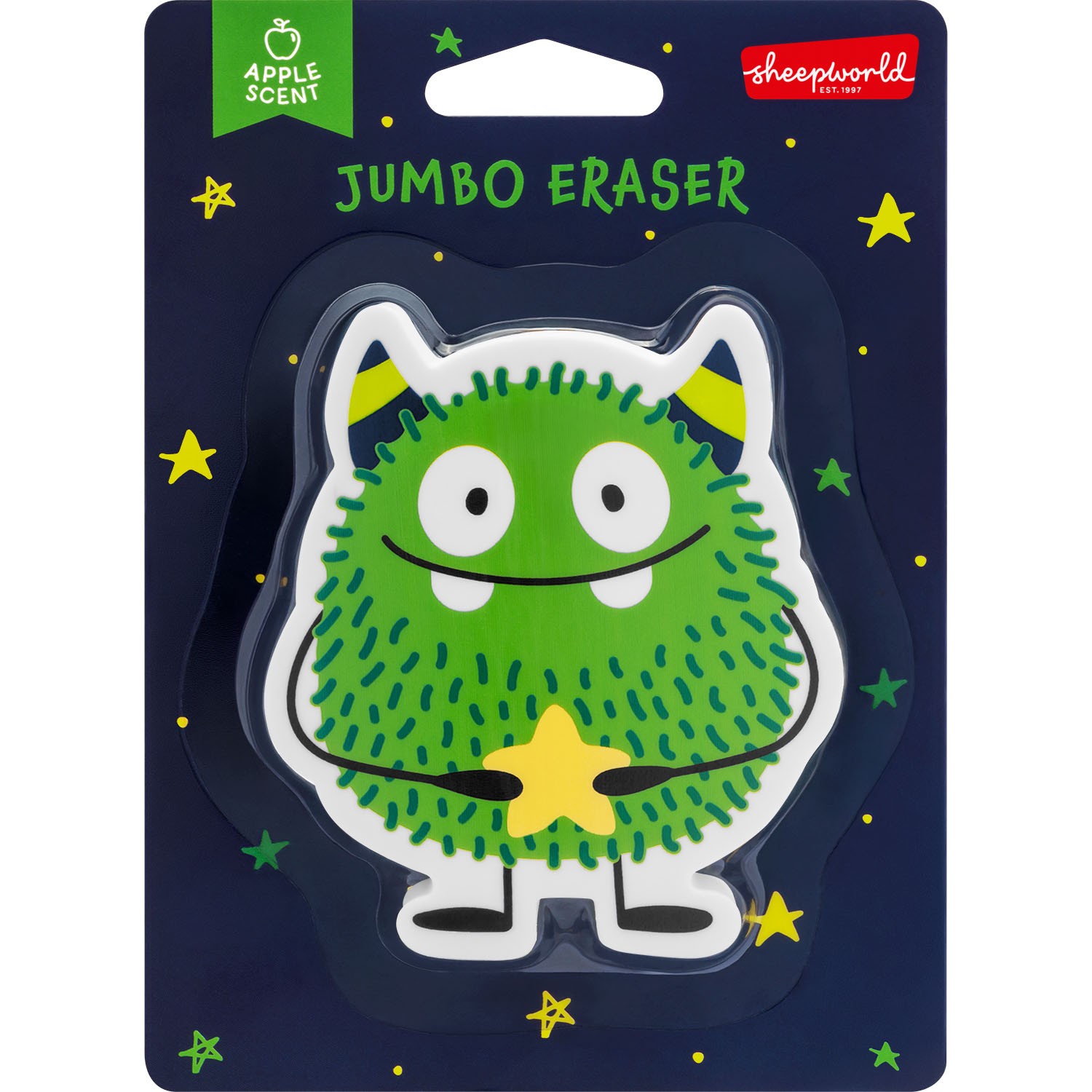 XL-Radierer Monster aus Gummi, grün mit gelbem Stern, Jumbo-Format, Apfelduft