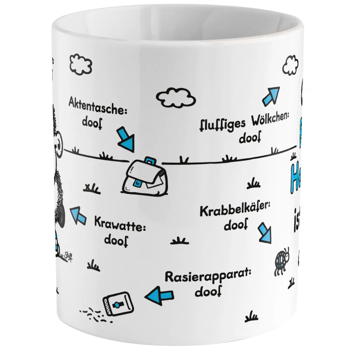 Weiße personalisierte Porzellan-Tasse mit schwarzen Doodles und blauen Akzenten