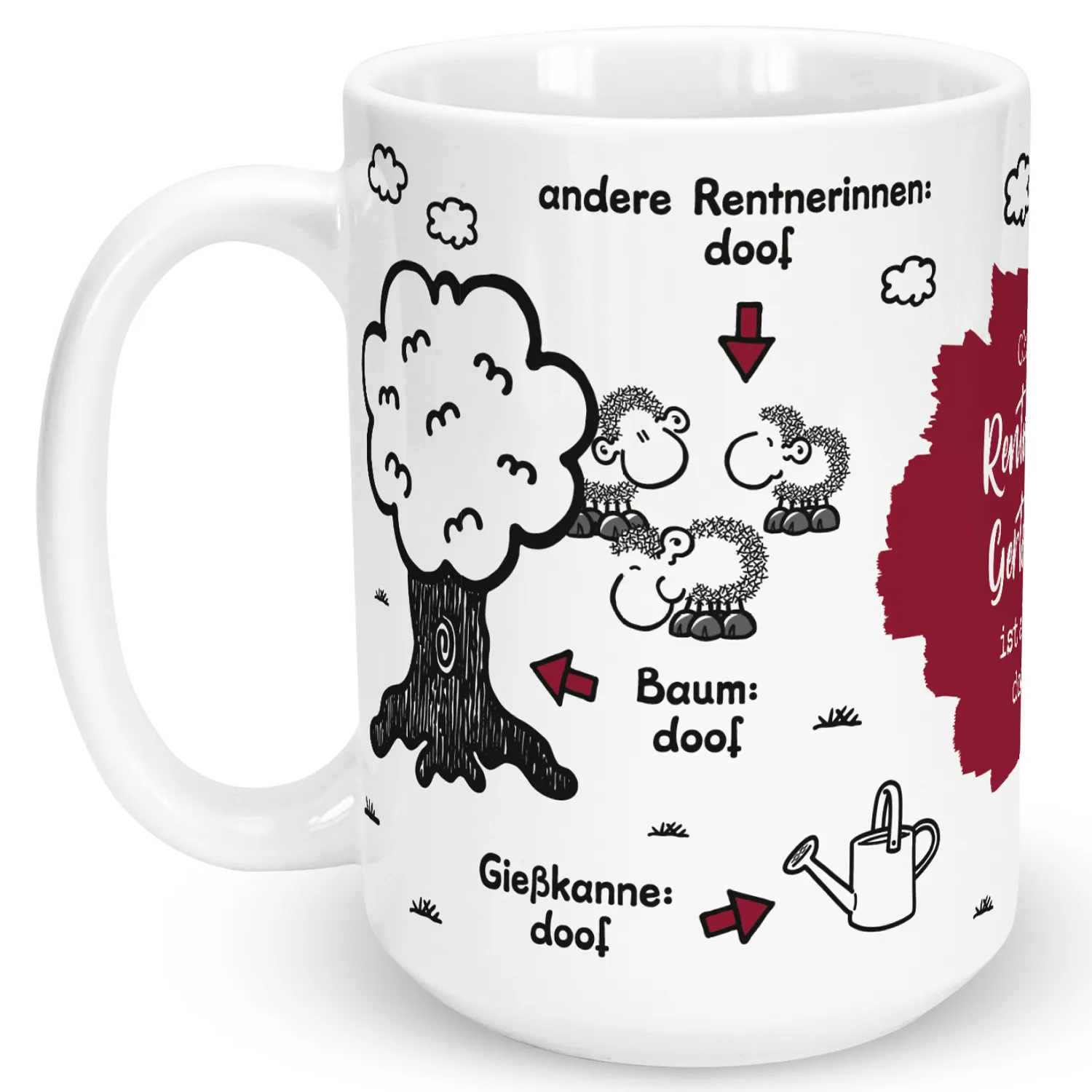 Weiße Keramik-Tasse mit Cartoon-Schafen und rotem Akzent.