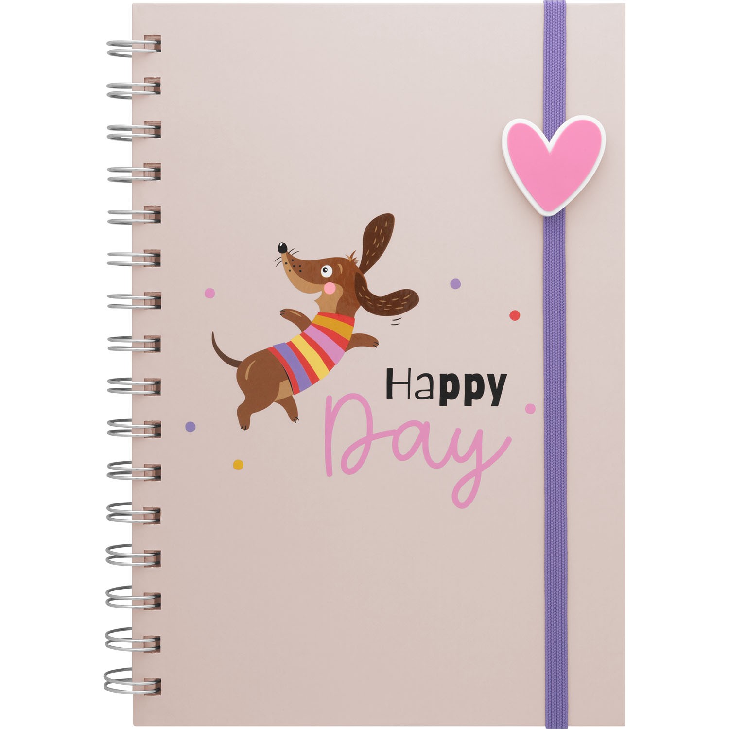 Rosa Notizbuch Happy Day mit Dackel-Motiv, Spiralbindung, violettem Gummiband und Herz-Anhänger