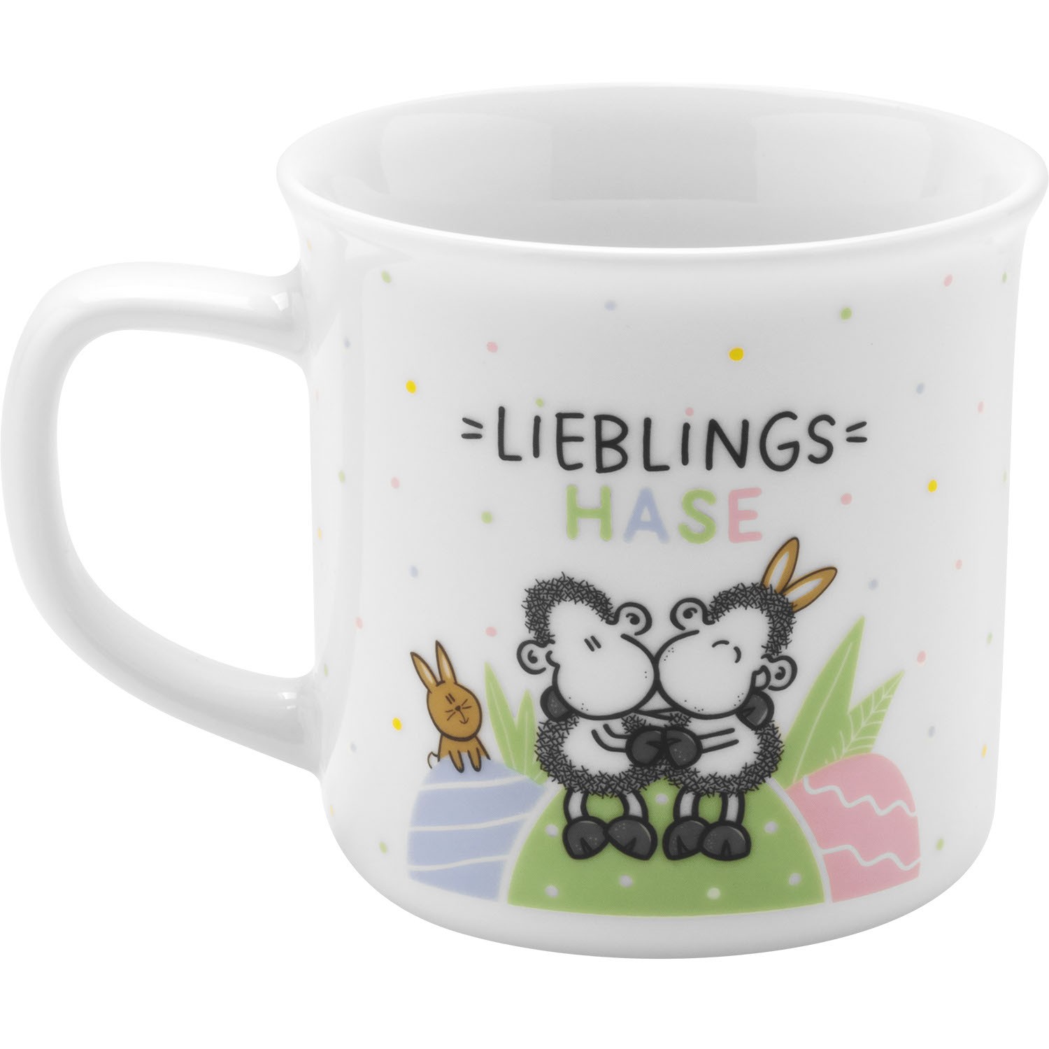 Weiße Porzellantasse mit zwei Häschen und pastellfarbenen Ostereier-Motiven, Schriftzug 'Lieblingshase'