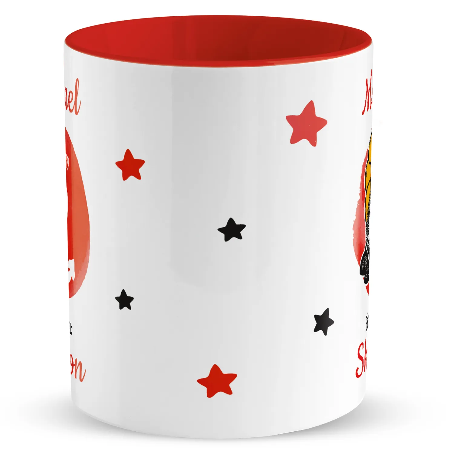 Personalisierte Porzellankaffeetasse mit Skorpion-Sternzeichen, Namens- und Geburtsdatumdruck, roter Innenraum