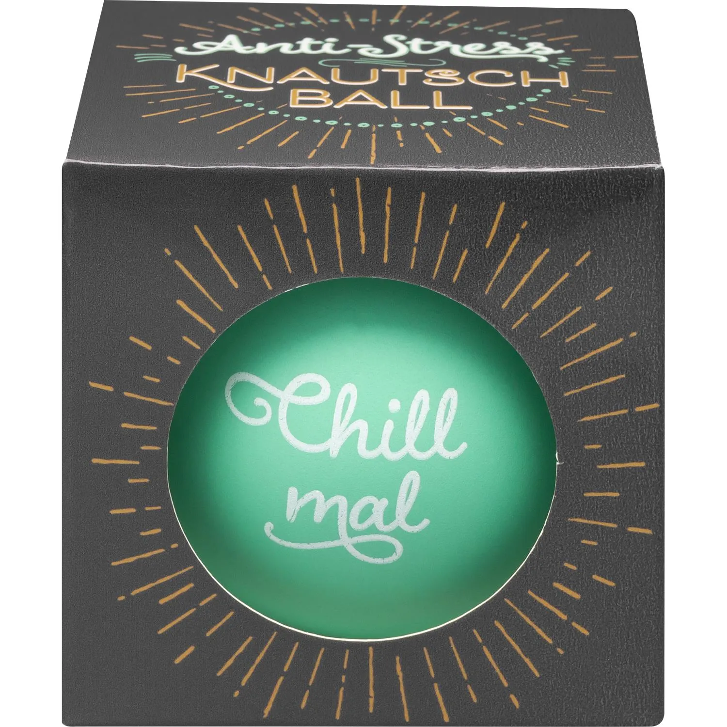 Anti Stress Ball mit der Aufschrift "Chill mal", in der Farbe mintgrün. Verpackt in einer Geschenkbox.