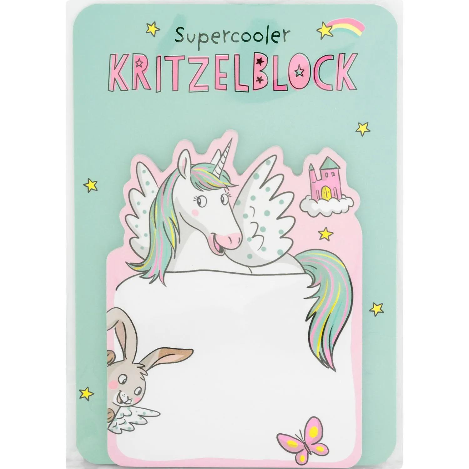 Kritzelblock Einhorn mit Flügeln auf mintgrüner Karte, 30 Blätter, Headercard