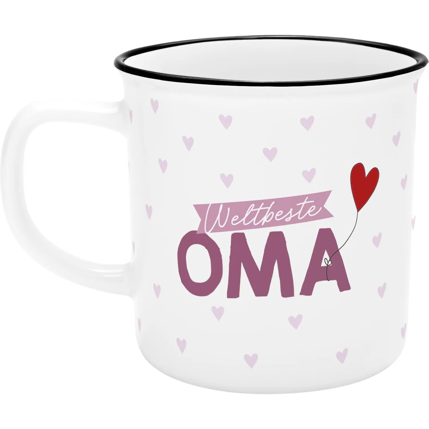 XL-Becher mit Motiv 'Weltbeste Oma' – weiße Porzellan-Tasse mit lilafarbenen Herzen und rotem Herzballon.