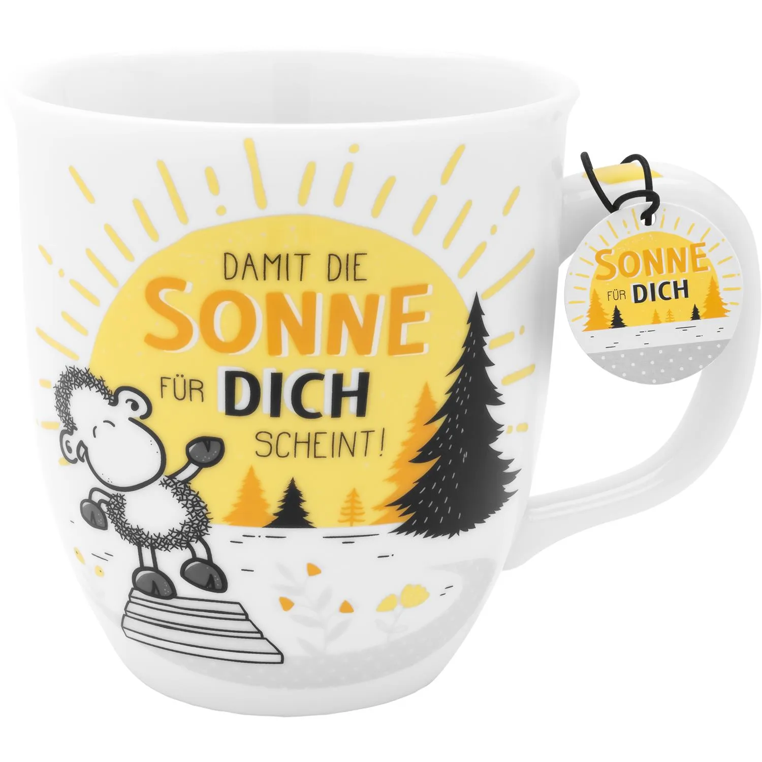 Weiße Porzellan-Tasse mit gelber Sonne und Schäfchen, Spruch 'Damit die Sonne für dich scheint!' am Motiv
