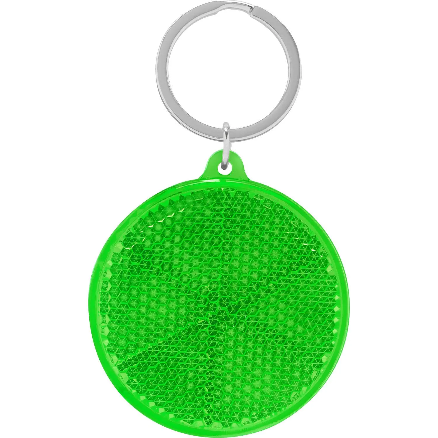 Runder neon-grüner Reflektor mit Schlüsselring, aus Kunststoff und Metall; ideal für den Schulweg.