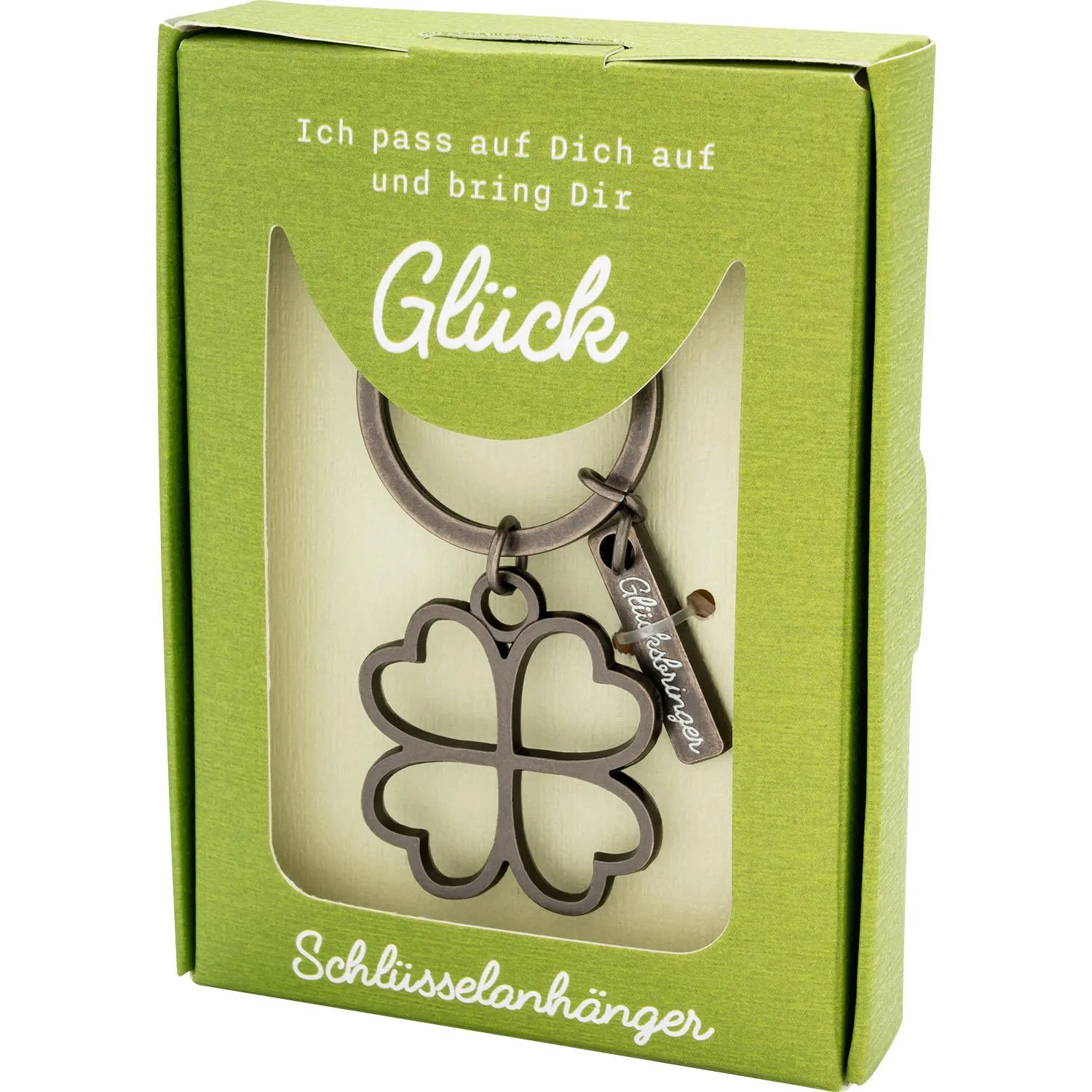 Grüner Schlüsselanhänger mit vierblättrigem Kleeblatt aus Metall und kleinem Papier-Tag in Geschenkbox