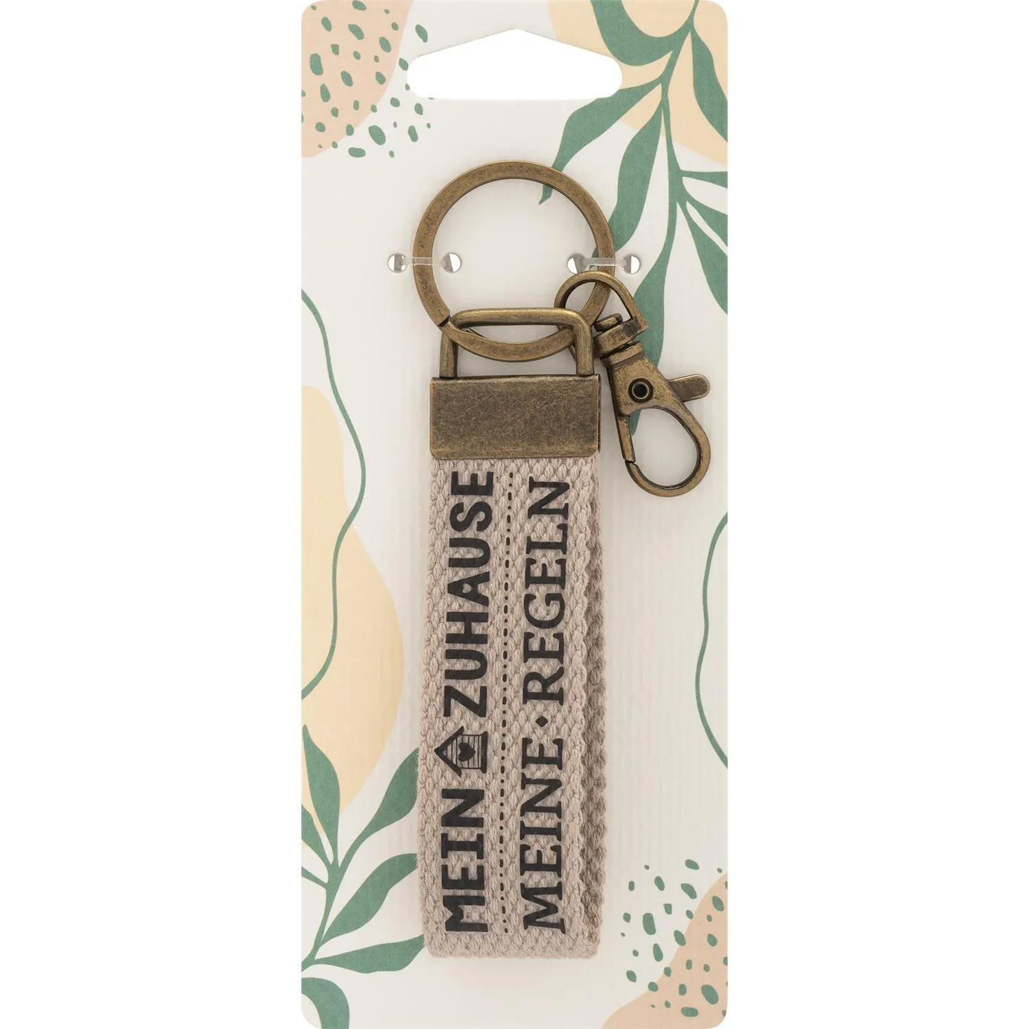 Canvas-Schlüsselanhänger mit der Aufschrift MEIN ZUHAUSE MEINE REGELN und robustem Metall-Karabiner.