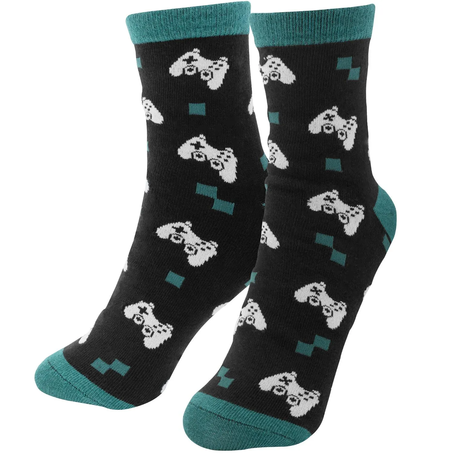 Schwarze Socke mit weißen Schäfchen-Motiven und türkisfarbigen Akzenten