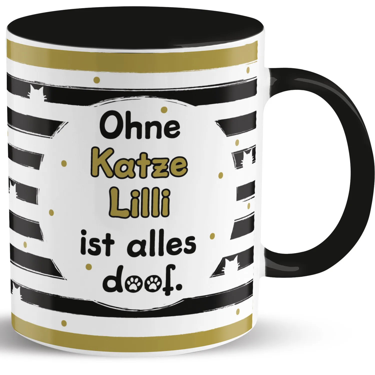 Weiße Porzellans-Tasse mit schwarzem Griff und Spruch 'Ohne Katze Lilli ist alles doof'