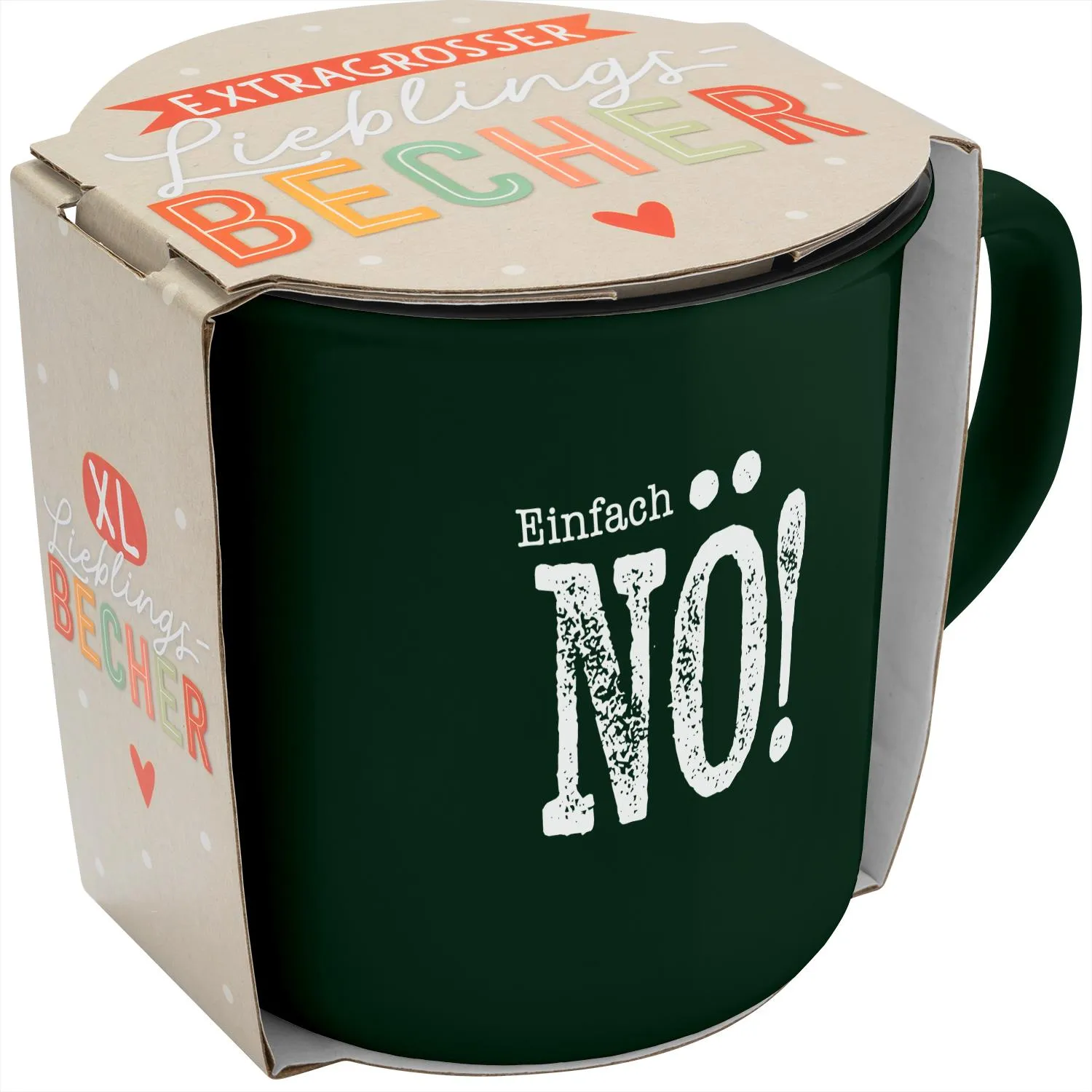 Dunkelgrüner XL-Becher mit weißem NO!-Aufdruck aus Porzellan