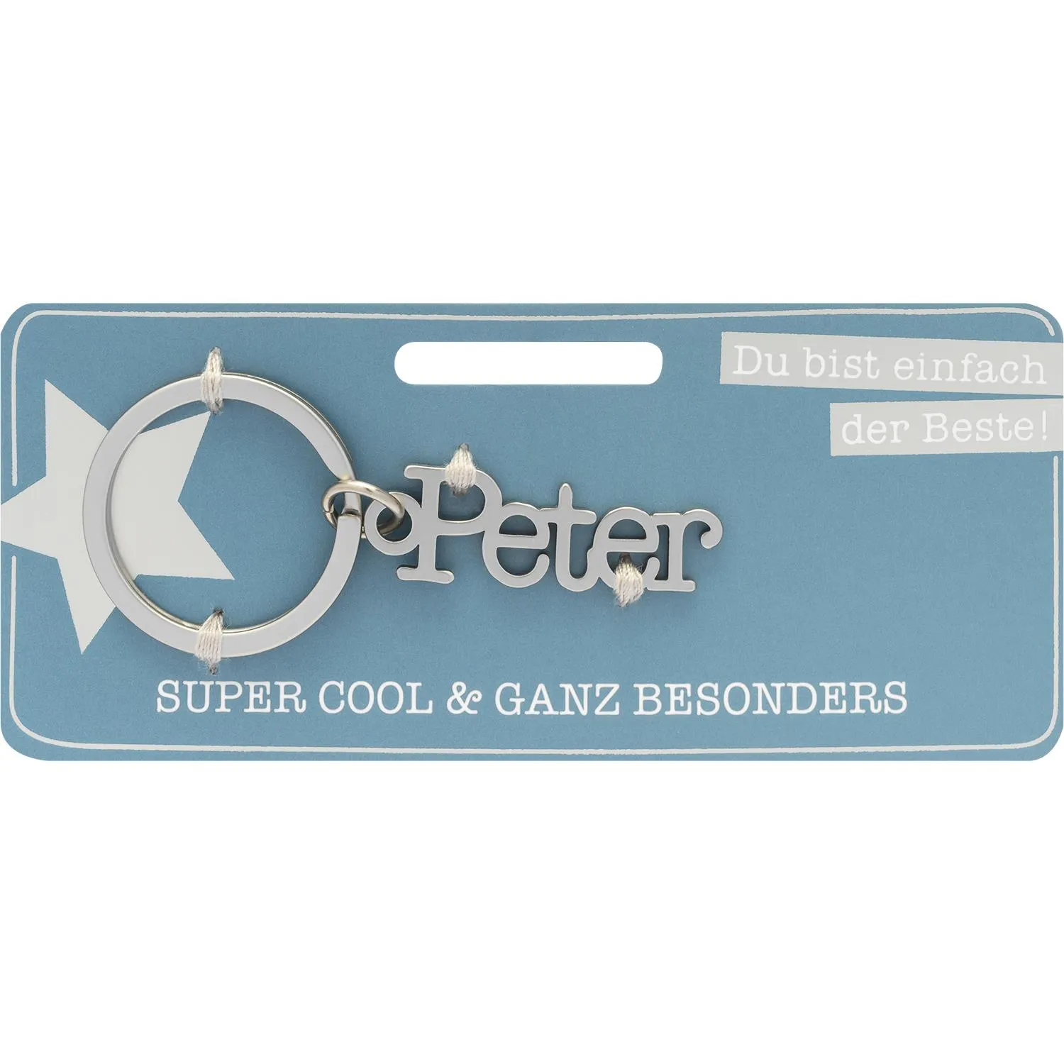 Namens-Schlüsselanhänger Peter aus Edelstahl, Ring mit beigefarbener Schnur, auf pastellblauer Verpackung.
