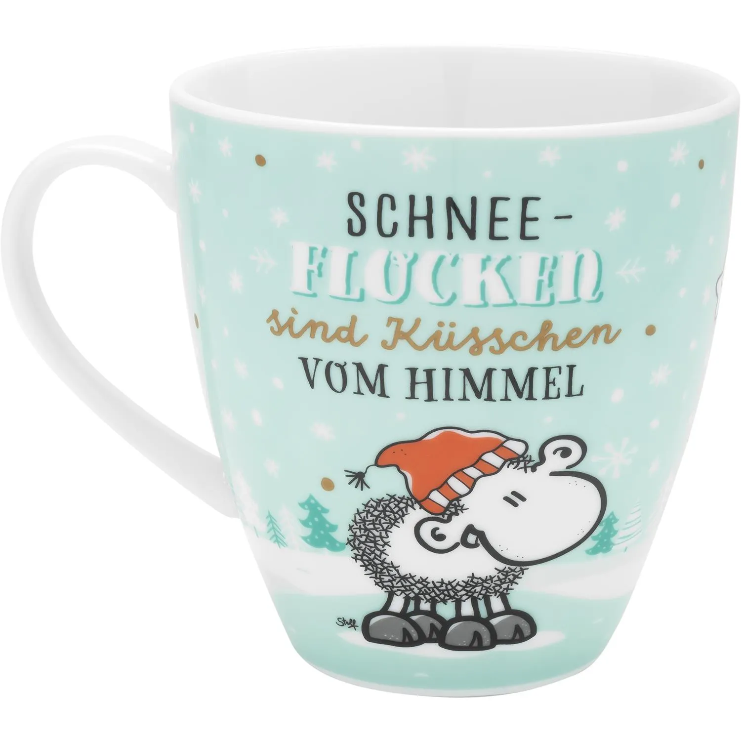 Porzellan-Wintertasse mit Schaf-Motiv, Schneeflocken und roter Mütze auf mintgrünem Hintergrund