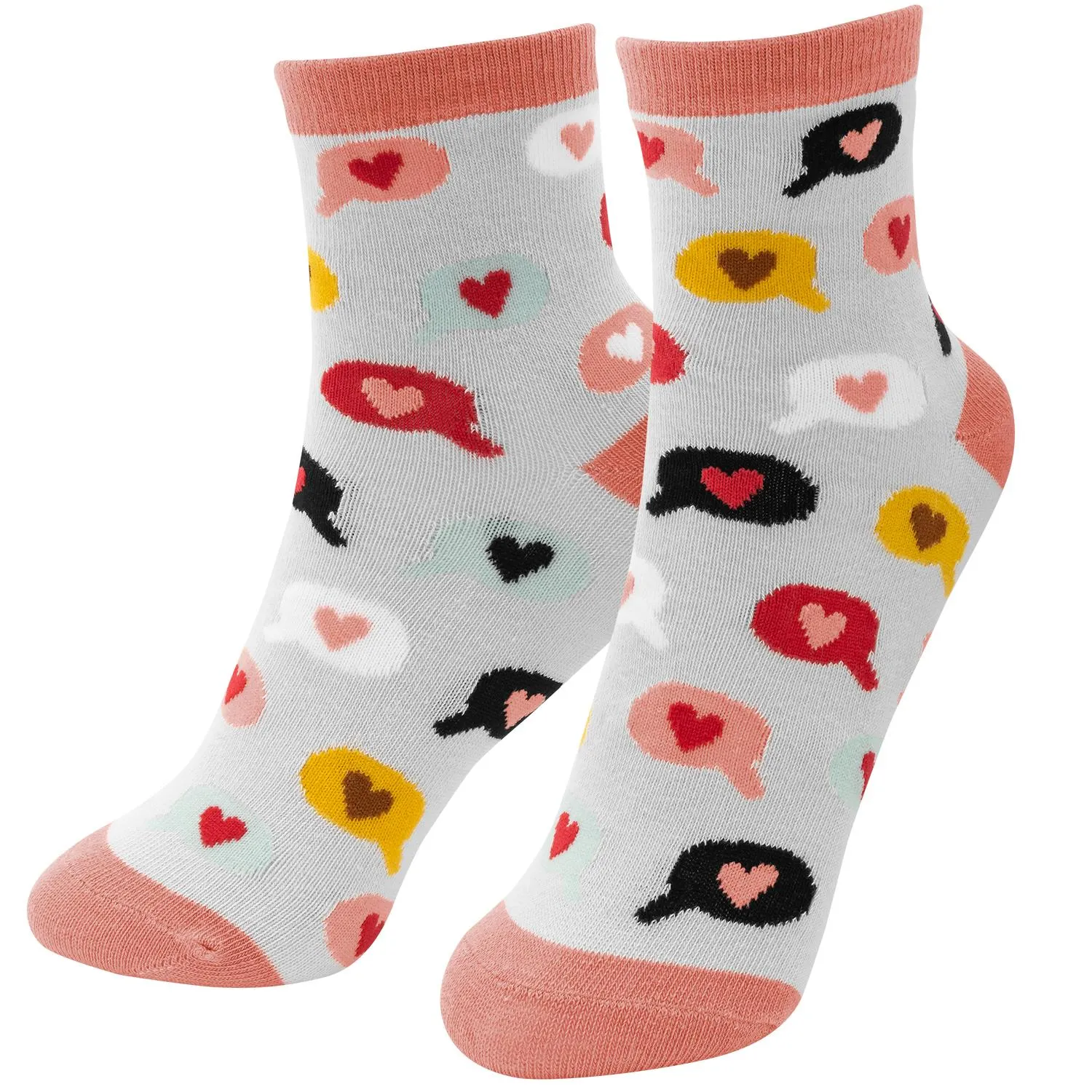 Socken mit bunten Herz-Sprechblasen auf grauem Grund; romantisch verspielt – Valentinstag-Geschenk