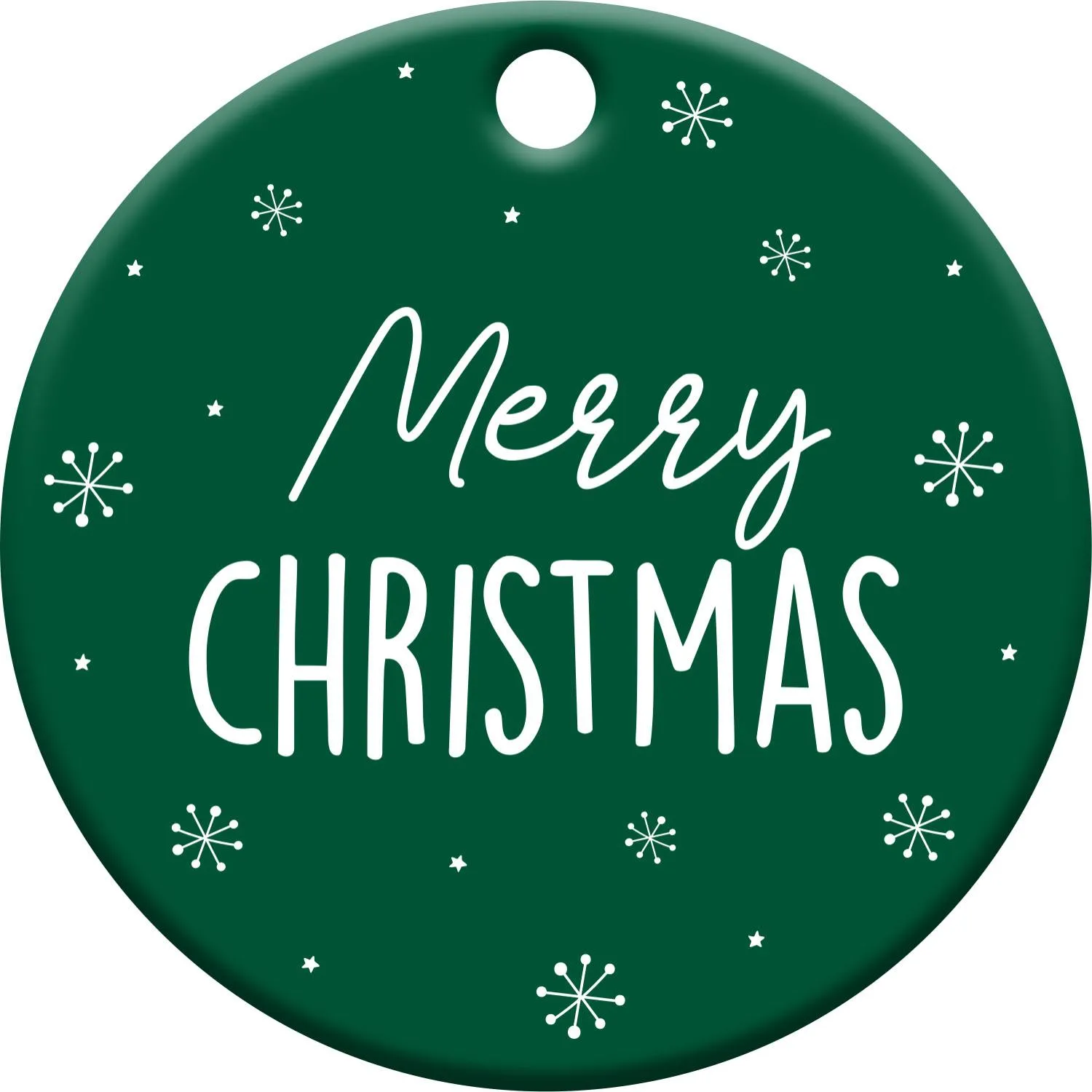 Grüner runder Anhänger mit Merry Christmas und Schneeflocken