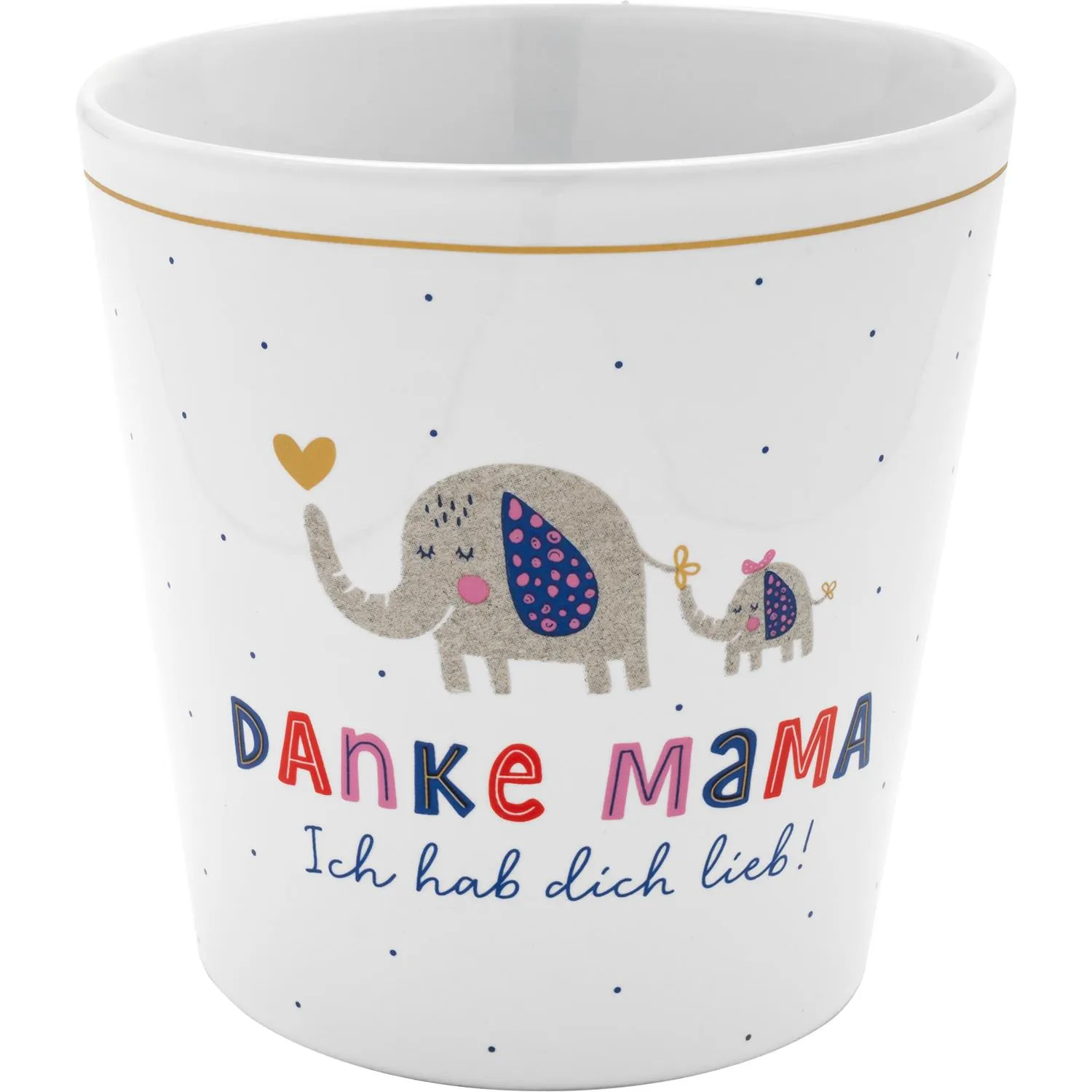 Weiße Steinzeug-Blumenübertopf mit Elefanten-Motiv und 'Danke Mama – Ich hab dich lieb'.