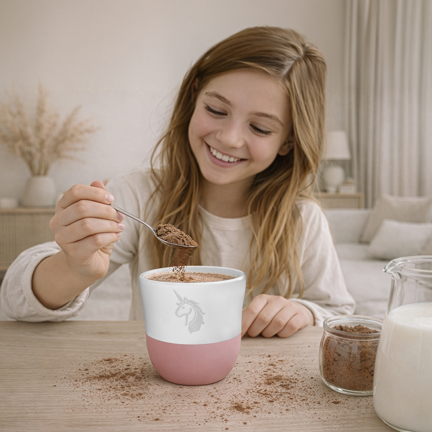 Lieblingsbecher Einhorn aus Steinzeug, Weiß oben, Rosa unten, matte Oberfläche mit Einhorn-Prägung