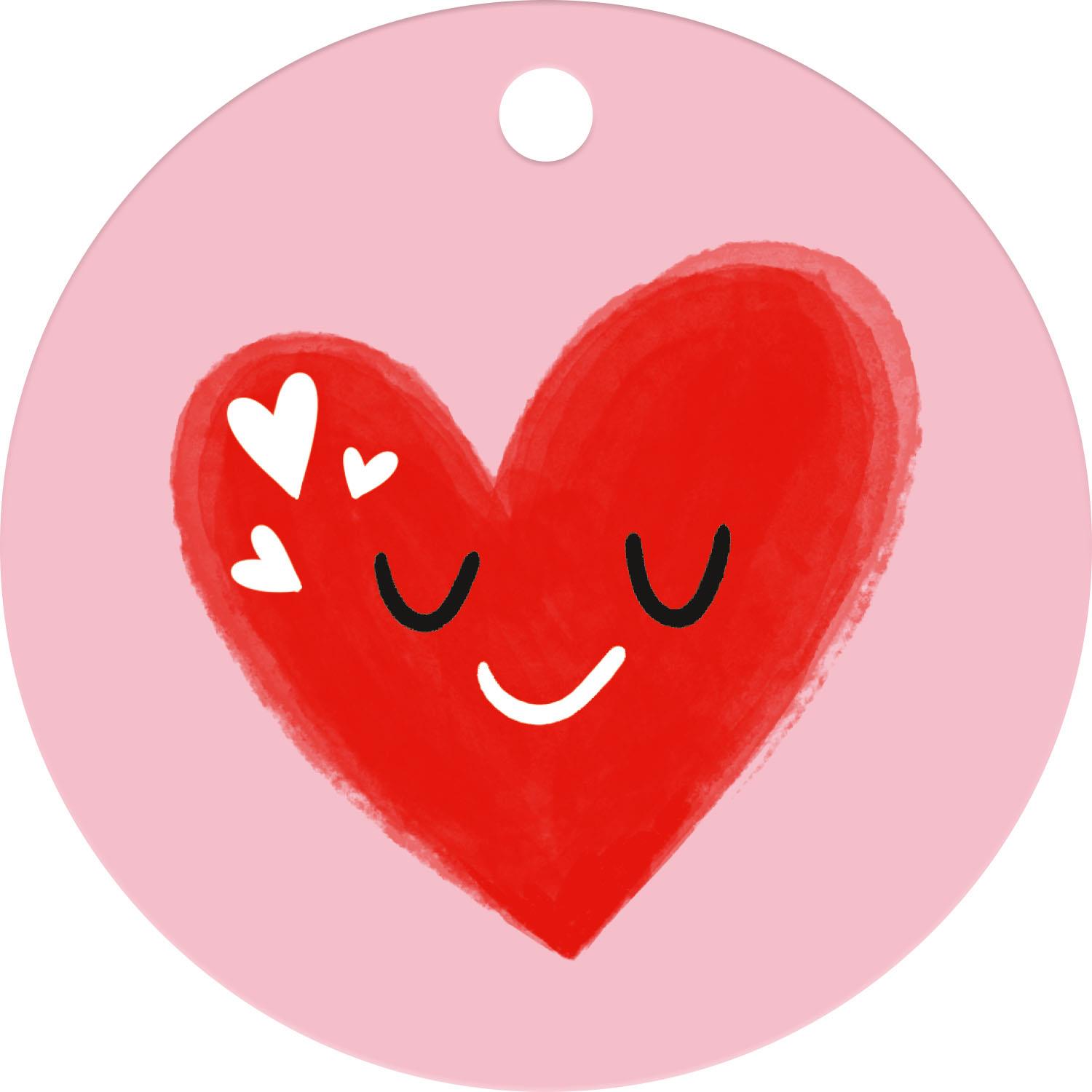 Rundes pinkes Geschenketikett mit rotem Herzmotiv und Gesicht