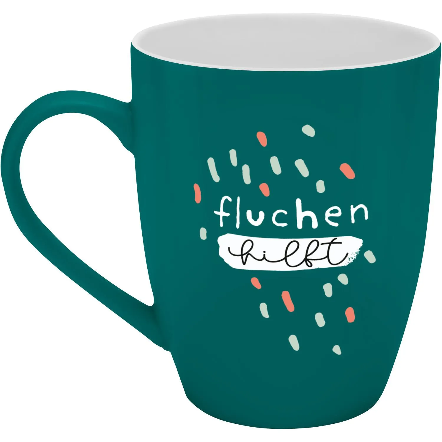 Türkisfarbener Porzellan-Becher mit dem Spruch 'fluchen hilft' und Konfetti-Deko