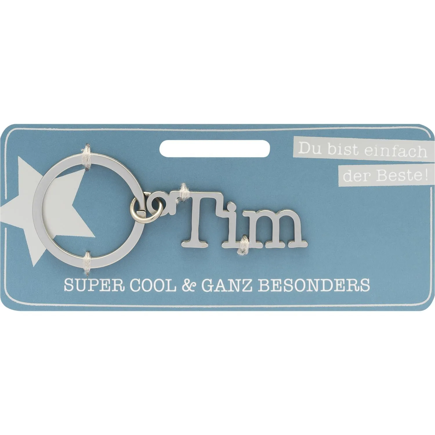 Schlüsselanhänger Tim aus Edelstahl mit Namenszug, an Schlüsselring befestigt