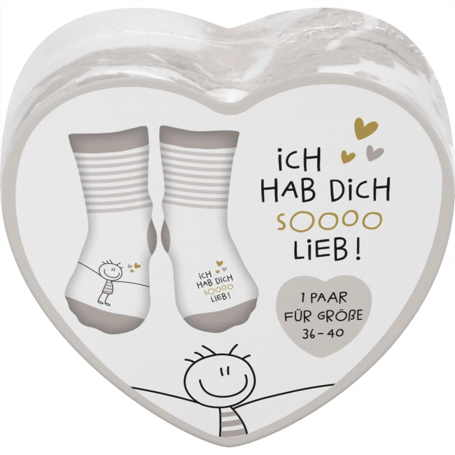 Paar Zaubersocken in Herzverpackung mit Liebesmotiv 'Ich hab dich sooo lieb'