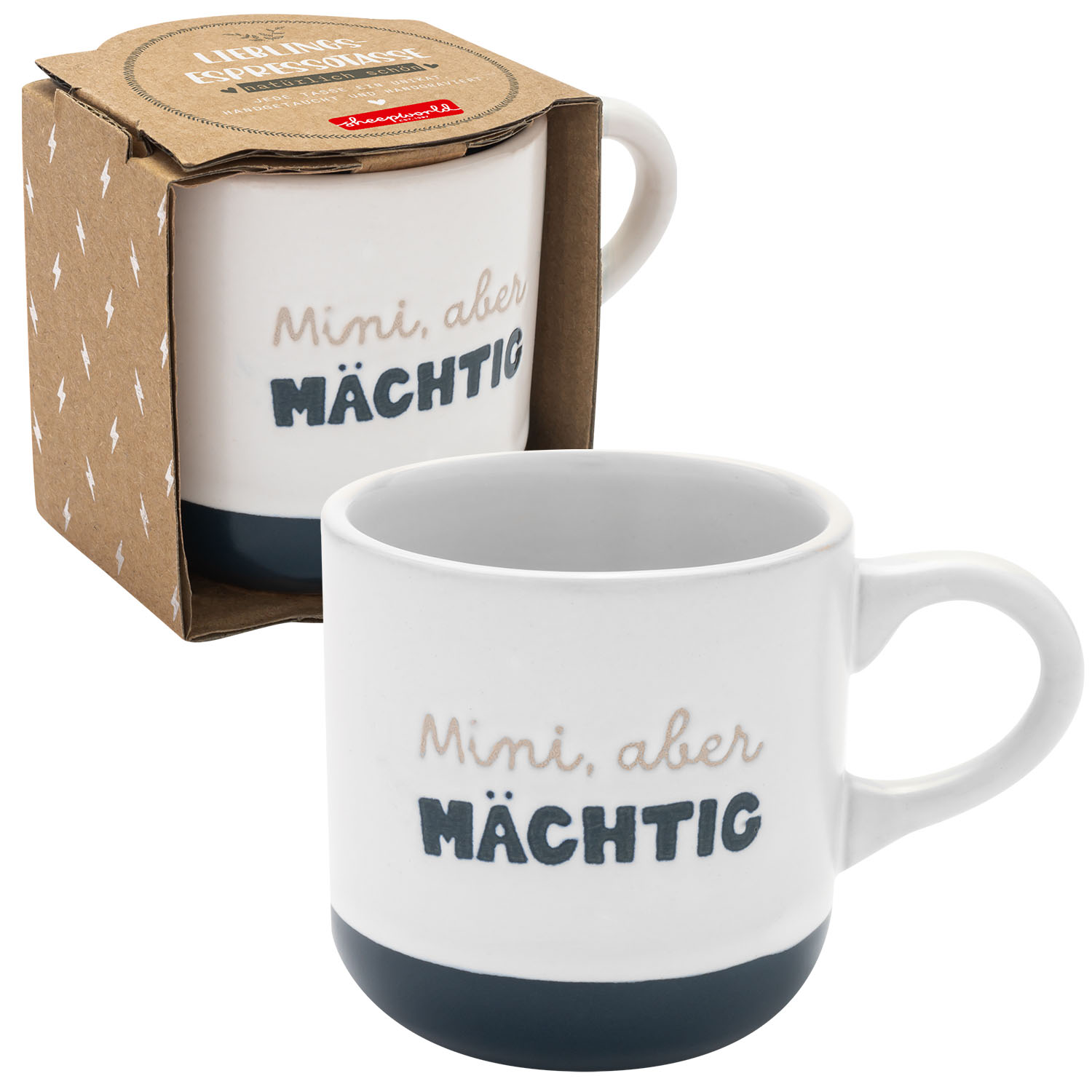 Weiße Keramiktasse mit dunkelblauem Boden und Spruch 'Mini, aber Mächtig'