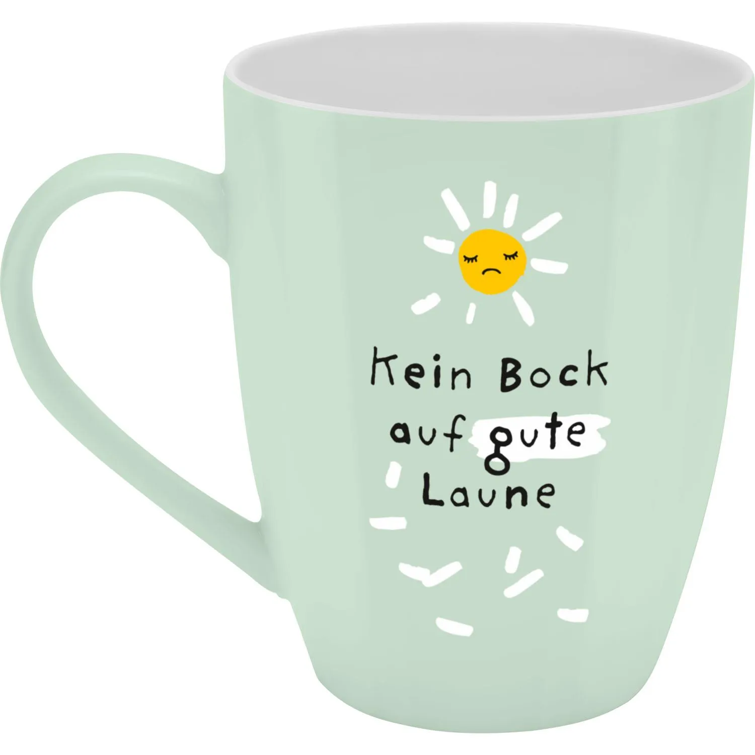 Pastellmintgrüner Becher mit Sonnenmotiv und Spruch 'Kein Bock auf gute Laune'