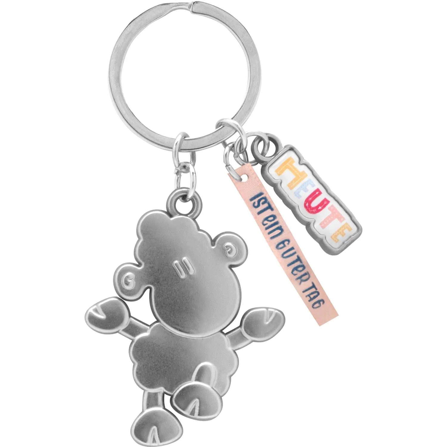 Silberner Schaf-Schlüsselanhänger aus Metall mit mattem Schaf-Charm und pinkem Satinband
