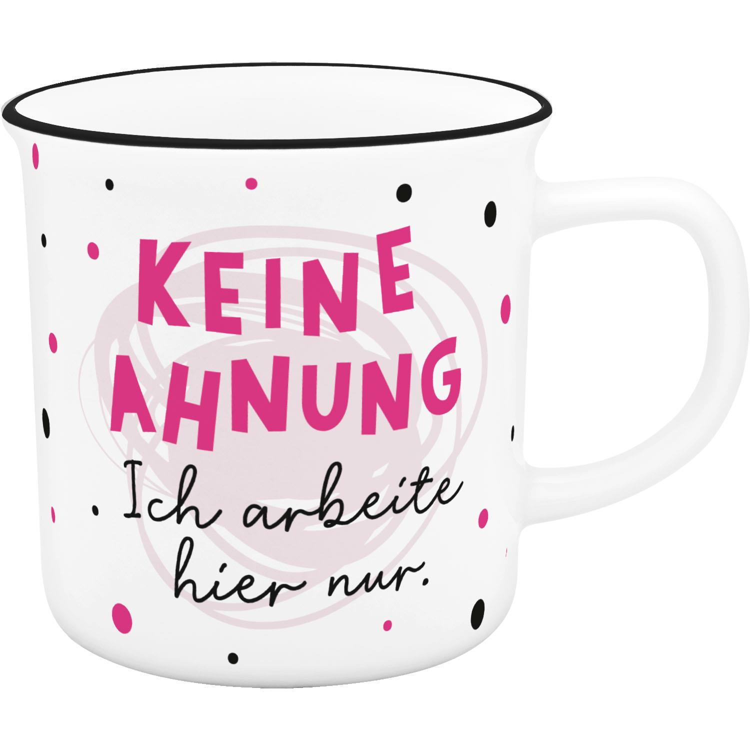 XL-Becher mit Spruch 'KEINE AHNUNG' in Pink auf weißem Porzellan.