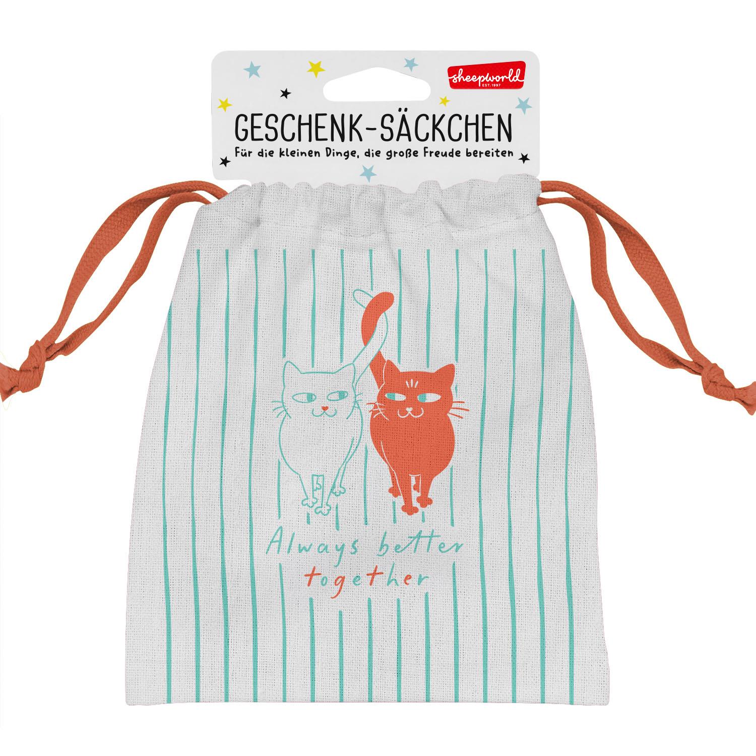 Weißes Canvas-Geschenk-Säckchen mit türkisfarbenen Streifen und zwei Katzen, orange Zugbänder