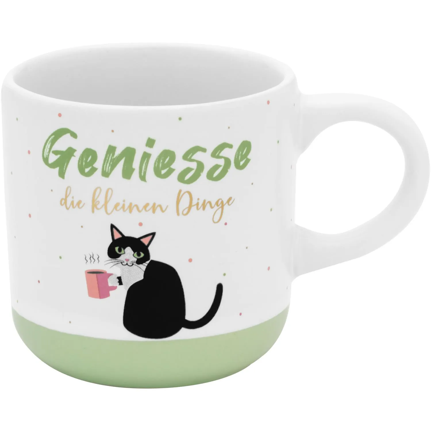 Weiße Espressotasse mit Katzenmotiv und grünem Boden, Spruch 'Geniesse die kleinen Dinge'.