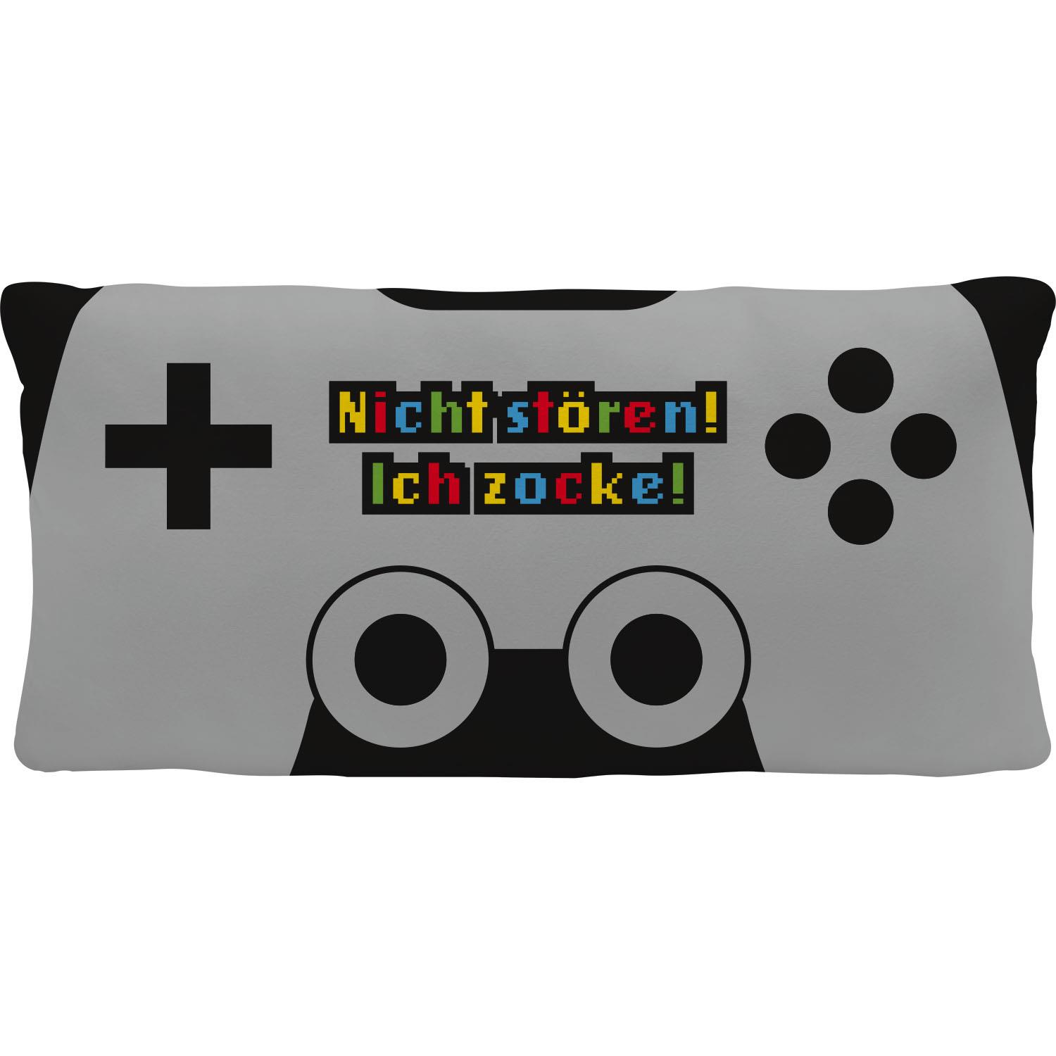 Graues Plüschkissen im Gamepad-Design mit mehrfarbigem Pixeltext 'Nicht stören! Ich zocke!'
