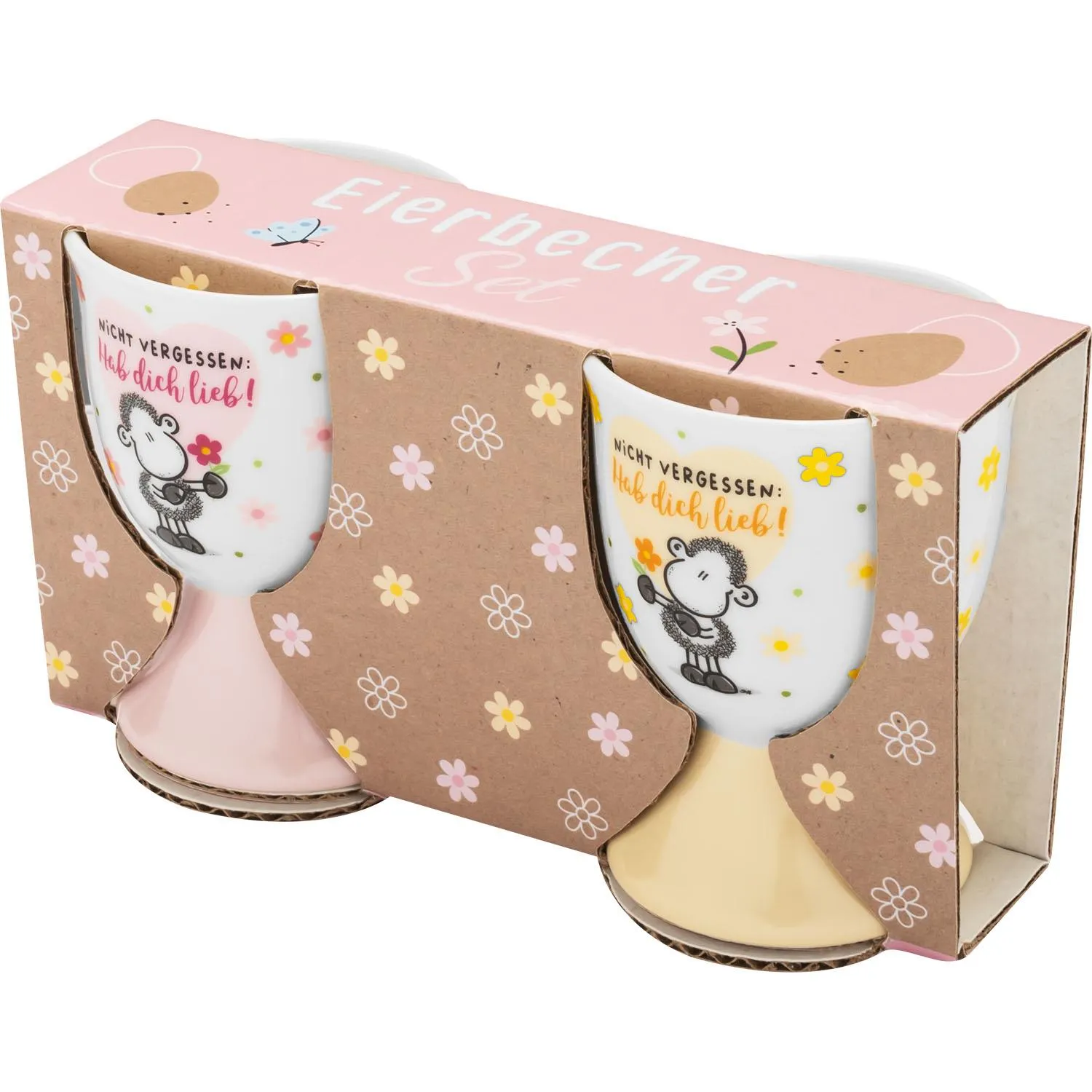 Zwei Porzellan-Eierbecher mit Schaf-Motiv und Spruch 'Hab dich lieb!'