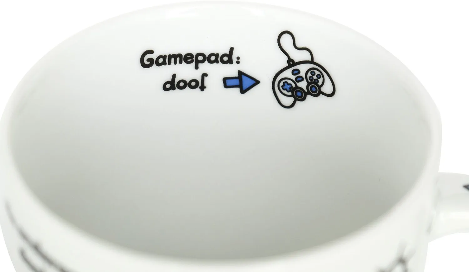 Weiße Porzellan-Tasse mit schwarzem Schriftzug 'Gamepad: doof' und blauem Gamepad-Motiv.