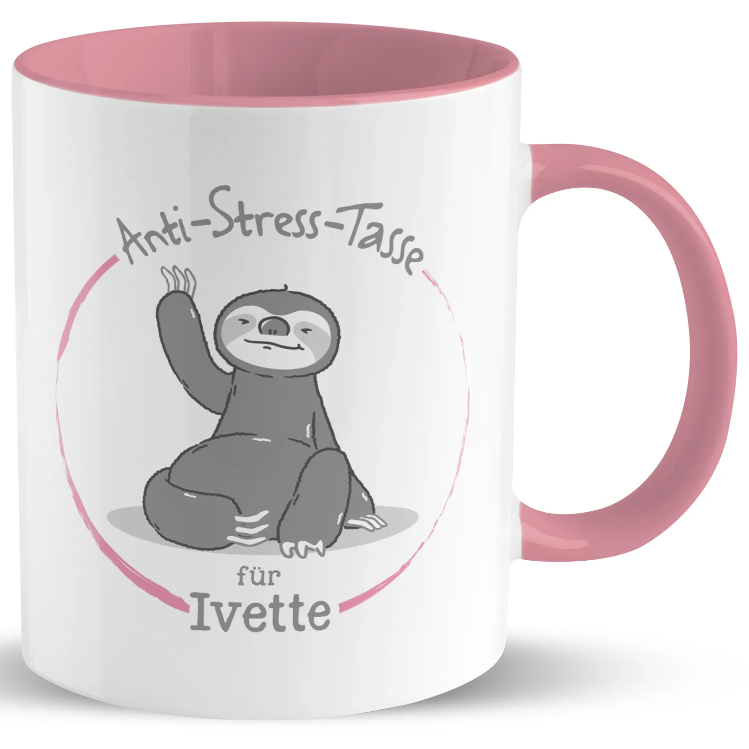 Weiße Porzellankaffeetasse mit pinkem Griff und Innen, Faultier-Motiv und personalisiertem Namen Ivette