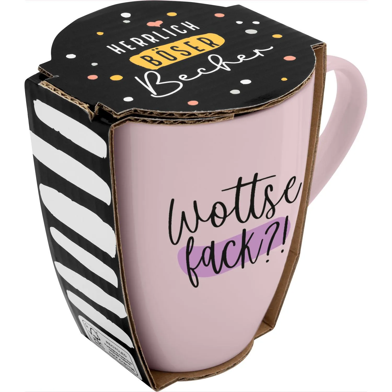 Pastellrosa Becher mit schwarzem Deckel und Schriftzug 'Wottse fack?!' auf dem Becher.