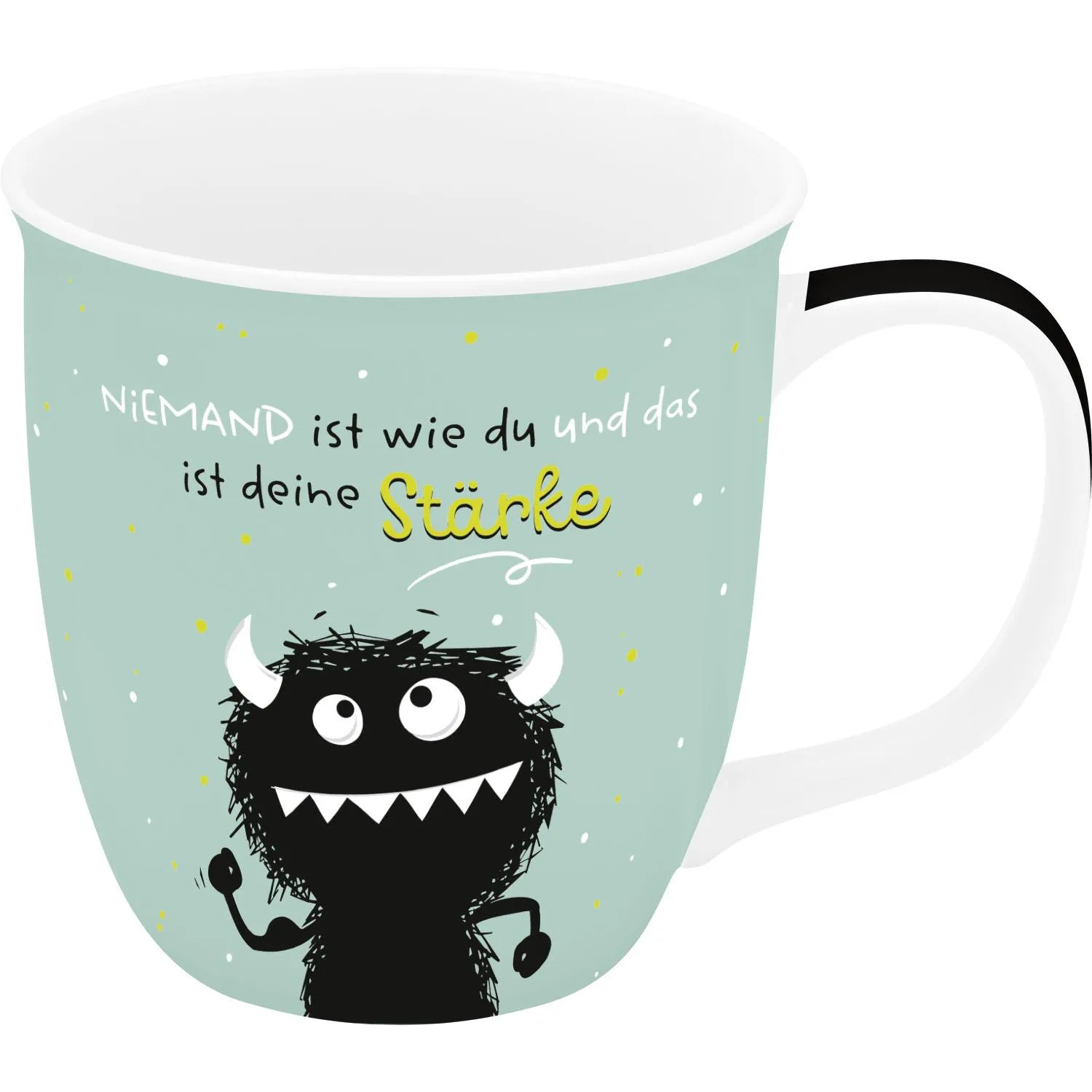 Mintgrüne Porzellan-Tasse mit schwarzer Monsterfigur und Spruch Stärke