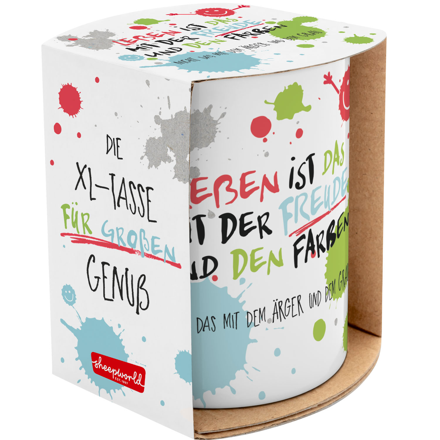 XL-Tasse aus Porzellan mit bunten Farbspritzern und Spruch, 60 cl Fassungsvermögen