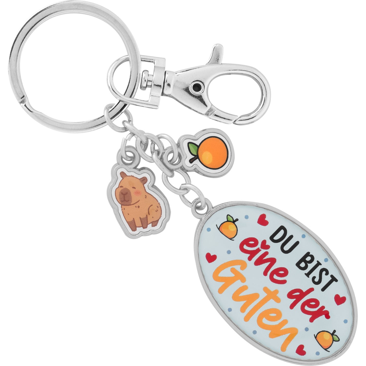 Silberner Taschenanhänger mit Bär, Orange und Spruchplatte 'Du bist einer der Guten!'