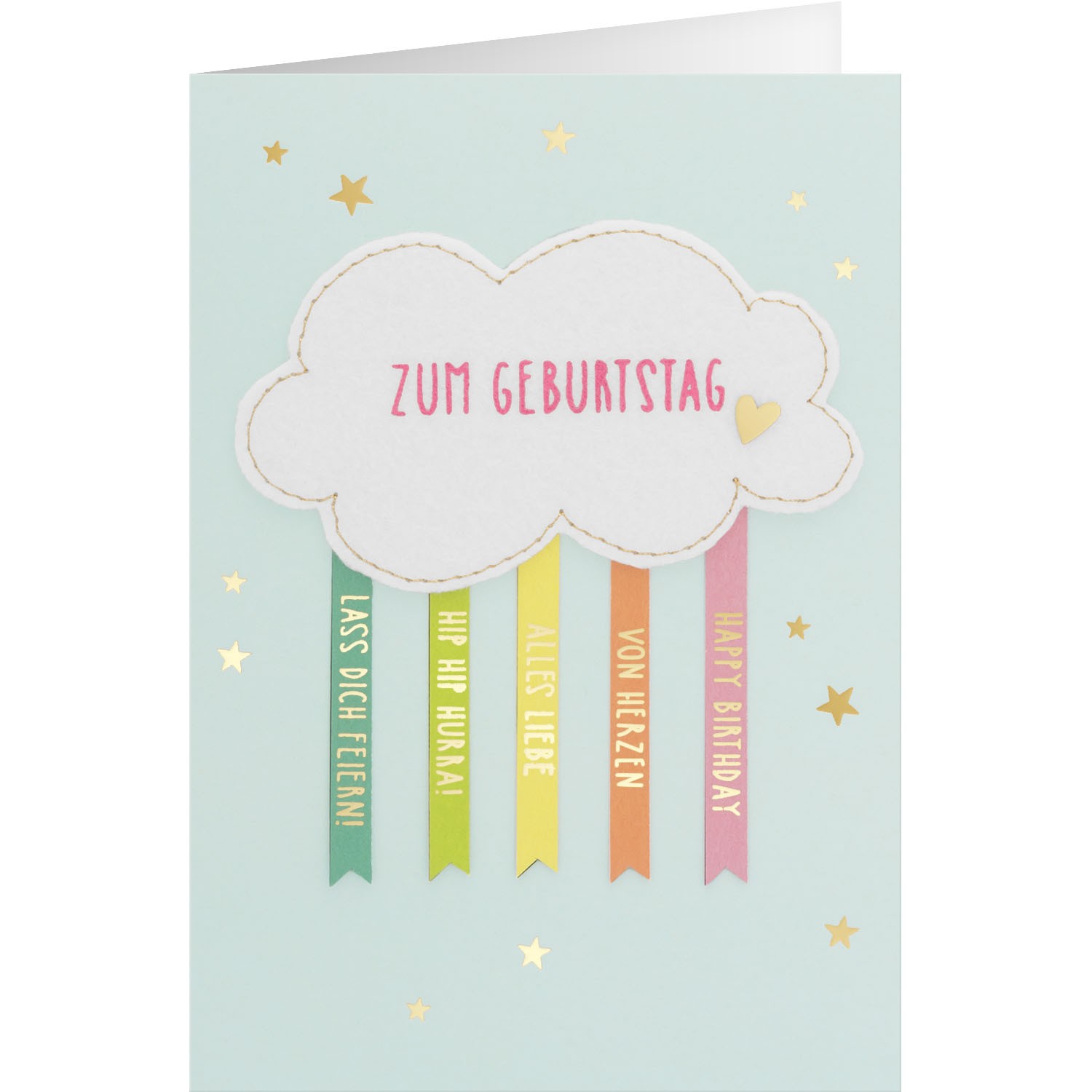 Grußkarte 'Zum Geburtstag Wolke' aus Papier mit Filz-Wolke, goldenen Sternen und bunten Bändern.