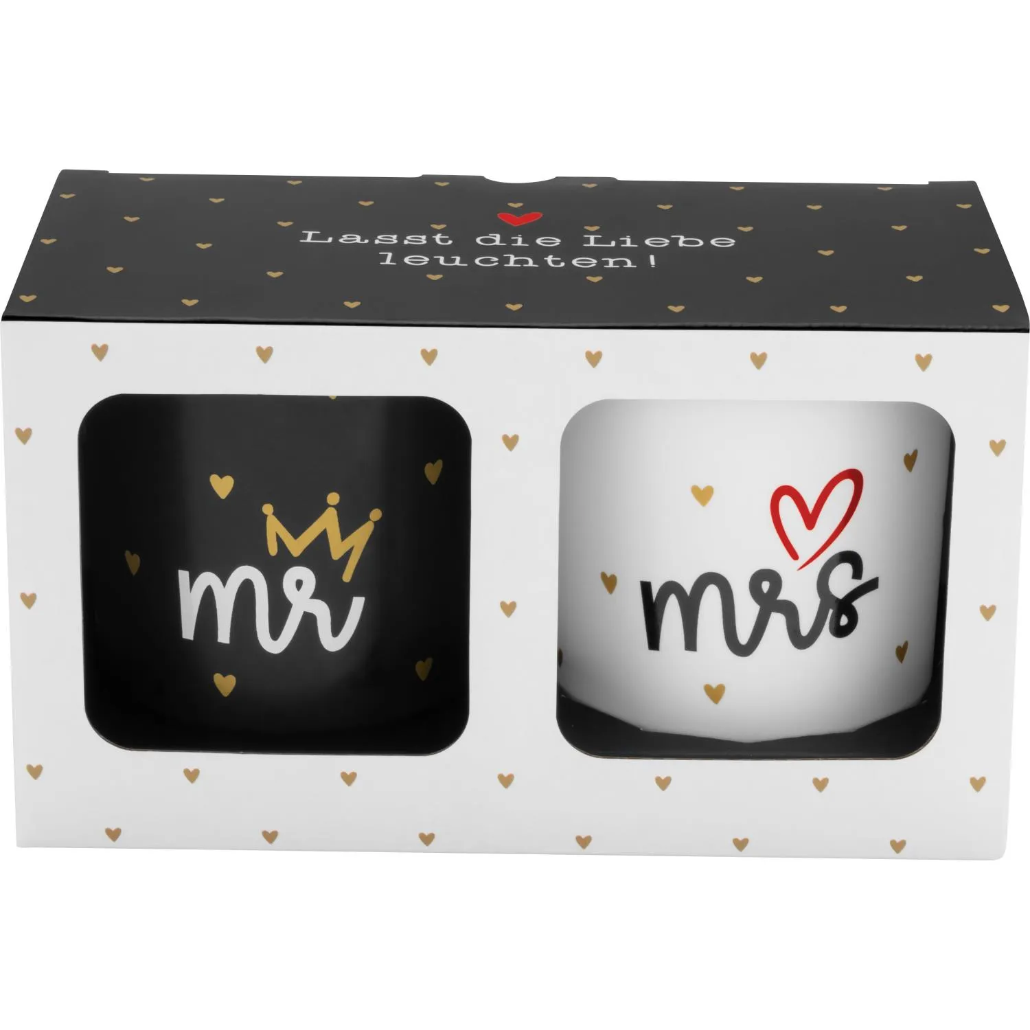 Kerzen-Set Mr. & Mrs.: Zwei Porzellankerzen, schwarz und weiß, mit Golddruck in Geschenkbox.