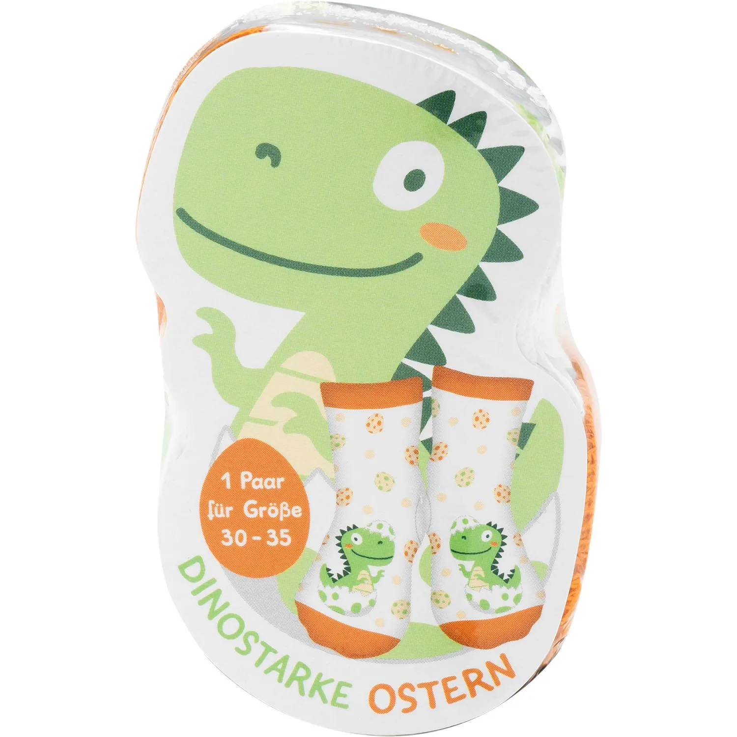 Dino-Zaubersocken für Kinder in Weiß mit grünem Dinosaurier-Motiv und orangener Bündchen.