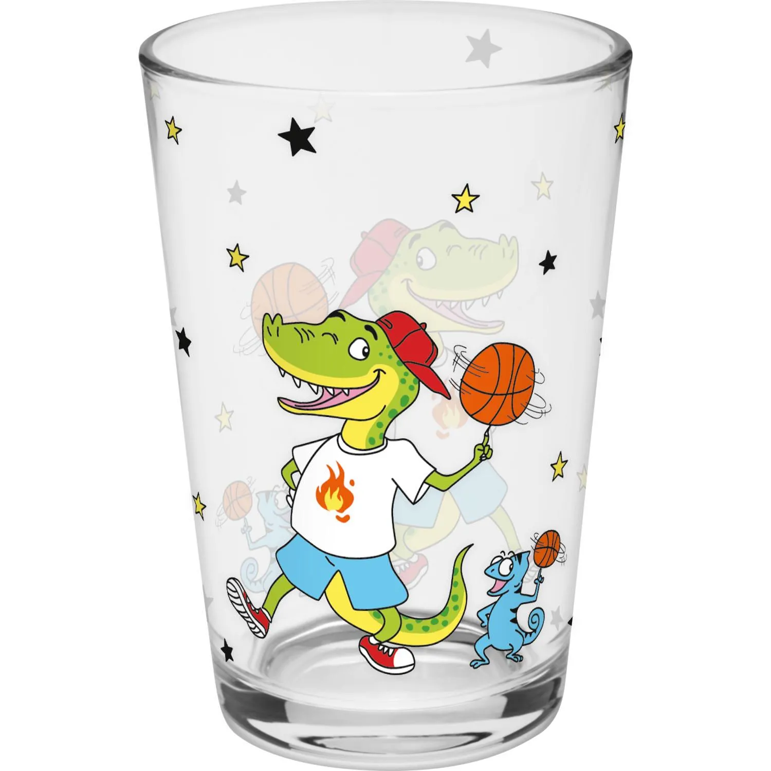 Trinkglas Dino mit Basketball-Motiv, grünem Dino und Chamäleon, Sterne verzieren das Motiv