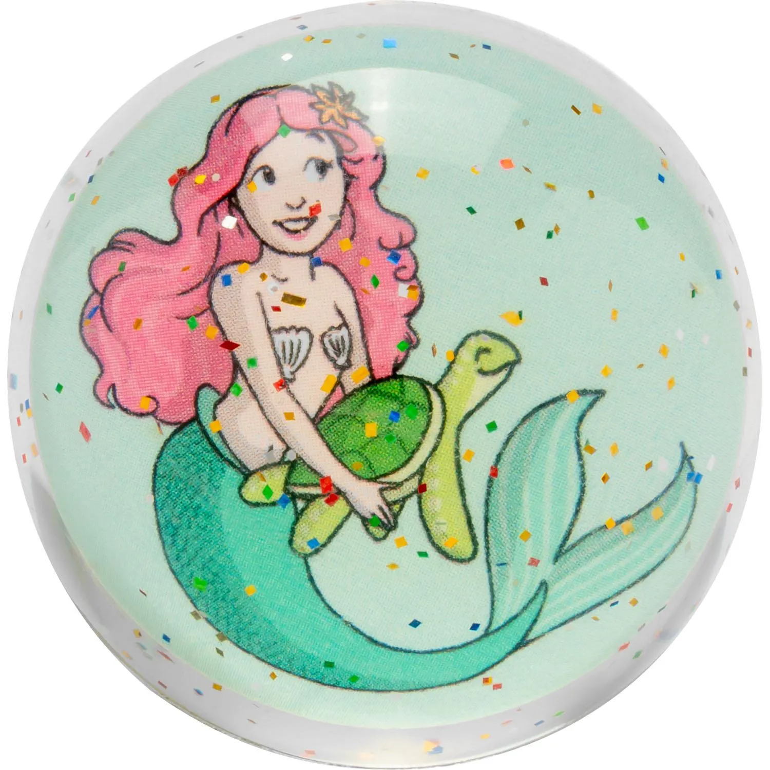Runder Glitzerflummi Meerjungfrau, rosa Haare und grüne Schwanzflosse, buntes Konfetti glitzert.